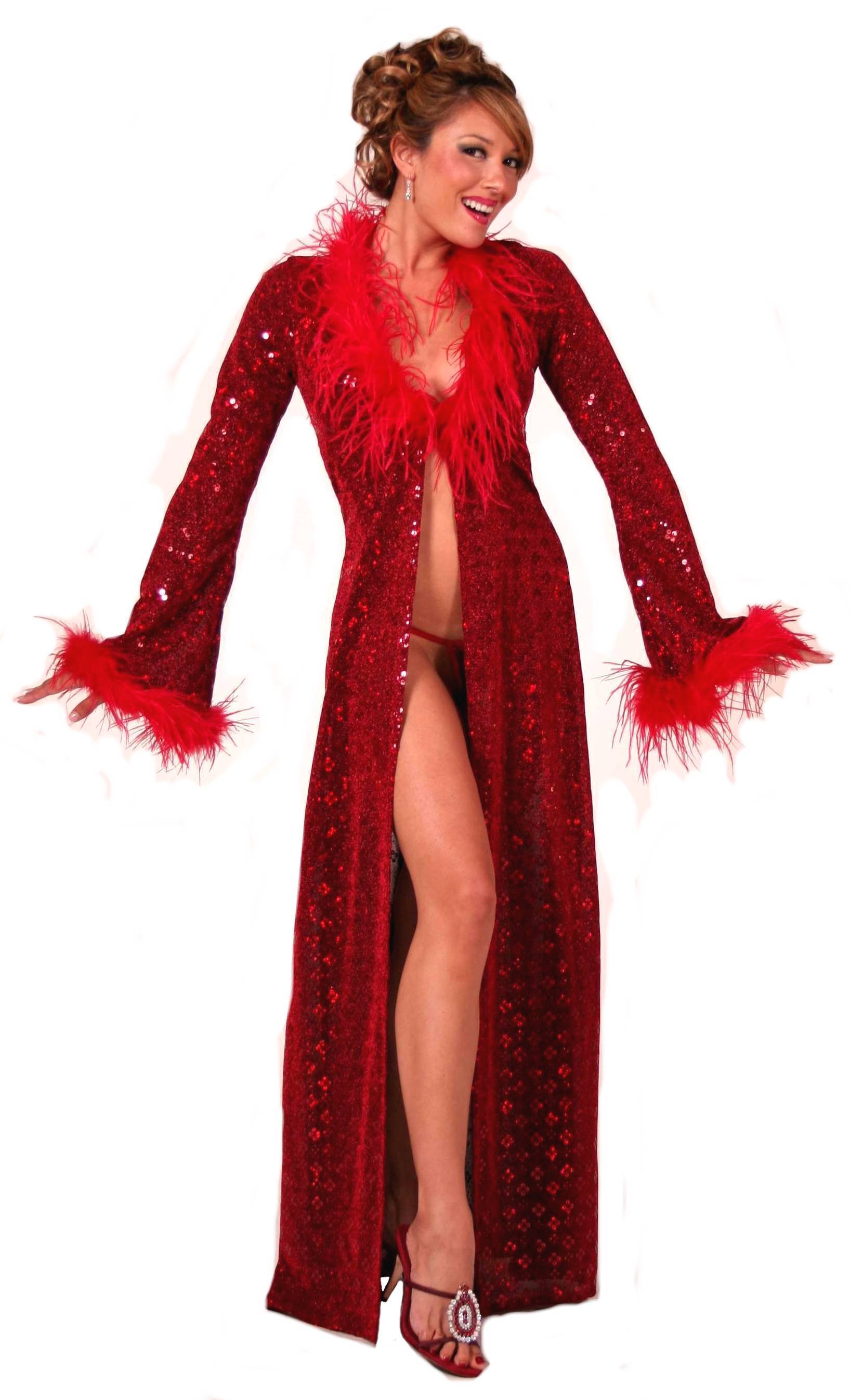 Bell Sleeve Sequin Robe w-Feather Trim